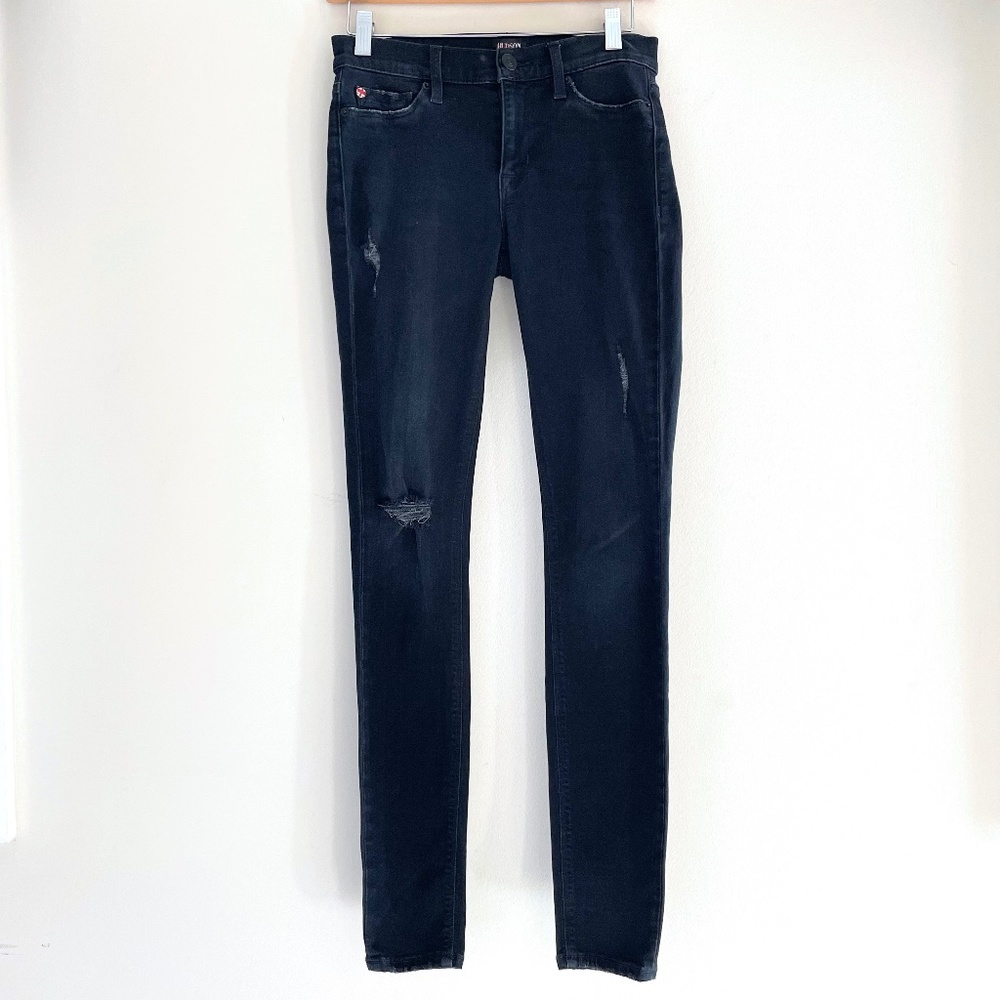 Hudson Nico Midrise Super Skinny Black Distressed Jeans size 24